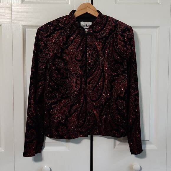 Vintage Sheri Martin Women's Black Velvet Red Sequin Jacket Overcoat SM Romantic - Picture 1 of 10